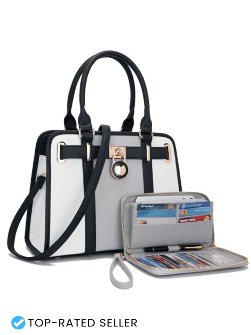 Vegan Leather Satchel Tote Handbag Set with RFID Wallet, Gold Hardware